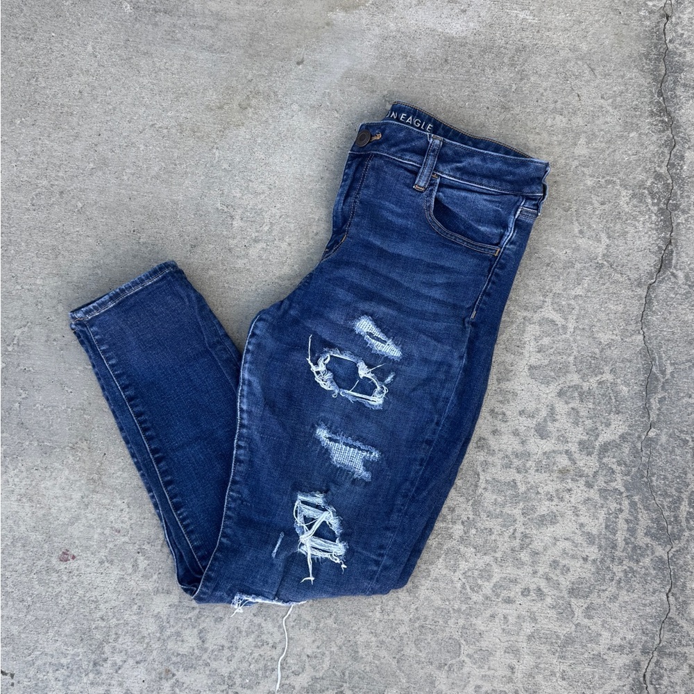 American Eagle Outfitters Women's Dark Blue Distressed Skinny Jeans